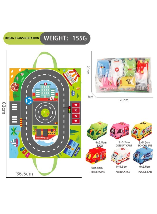 هالامودو لعبة الأطفال مجموعة من الملابس المصنوعة من القماش مع بلايمات وحقيبة تخزين (بما في ذلك 6 سيارات)، سجادة السيارة المصنوعة من القماش، ورق مجعد مدمج وجرس، 2-في -1 تصميم حقيبة أدوات اللعب، لعبة الأطفال التعليمية في وقت مبكر، غسيل متعدد الوظائف بالماكينة، تنمية القدرات اليدوية وتنسيق العين اليدوية، هدية لعبة فتاة - Image 1