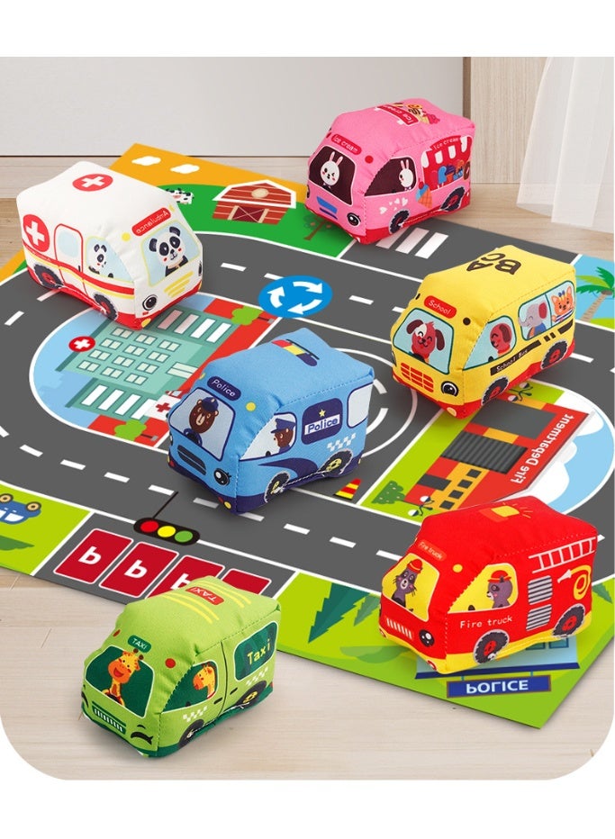 هالامودو لعبة الأطفال مجموعة من الملابس المصنوعة من القماش مع بلايمات وحقيبة تخزين (بما في ذلك 6 سيارات)، سجادة السيارة المصنوعة من القماش، ورق مجعد مدمج وجرس، 2-في -1 تصميم حقيبة أدوات اللعب، لعبة الأطفال التعليمية في وقت مبكر، غسيل متعدد الوظائف بالماكينة، تنمية القدرات اليدوية وتنسيق العين اليدوية، هدية لعبة فتاة - Image 4