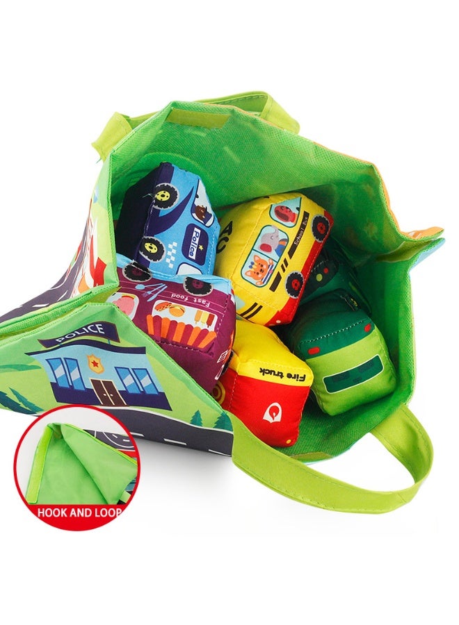 هالامودو لعبة الأطفال مجموعة من الملابس المصنوعة من القماش مع بلايمات وحقيبة تخزين (بما في ذلك 6 سيارات)، سجادة السيارة المصنوعة من القماش، ورق مجعد مدمج وجرس، 2-في -1 تصميم حقيبة أدوات اللعب، لعبة الأطفال التعليمية في وقت مبكر، غسيل متعدد الوظائف بالماكينة، تنمية القدرات اليدوية وتنسيق العين اليدوية، هدية لعبة فتاة - Image 2