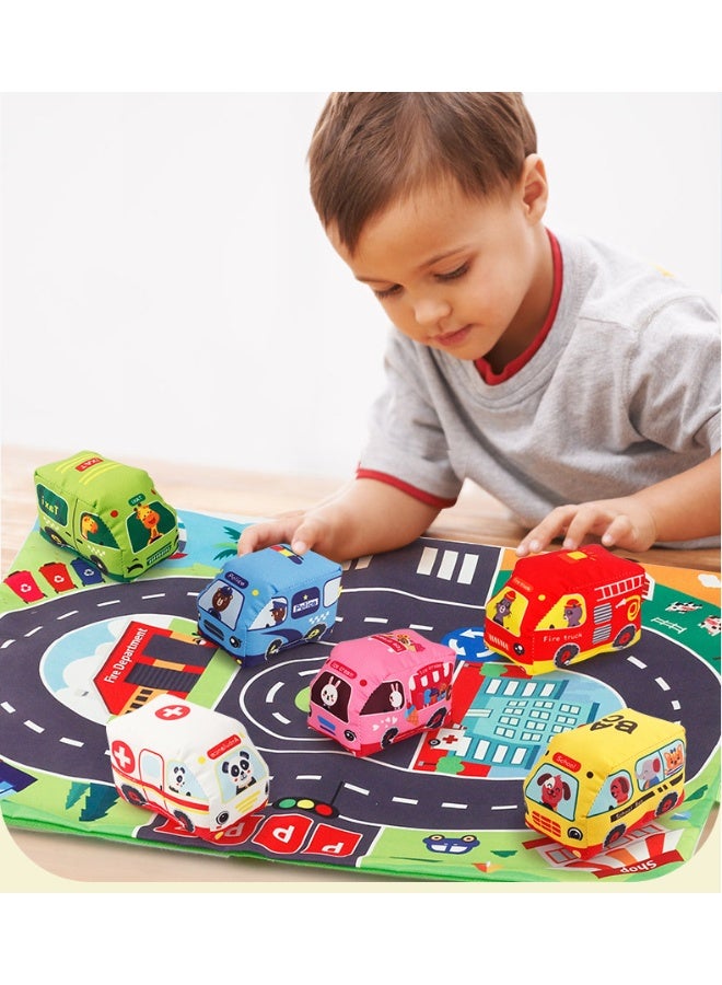 هالامودو لعبة الأطفال مجموعة من الملابس المصنوعة من القماش مع بلايمات وحقيبة تخزين (بما في ذلك 6 سيارات)، سجادة السيارة المصنوعة من القماش، ورق مجعد مدمج وجرس، 2-في -1 تصميم حقيبة أدوات اللعب، لعبة الأطفال التعليمية في وقت مبكر، غسيل متعدد الوظائف بالماكينة، تنمية القدرات اليدوية وتنسيق العين اليدوية، هدية لعبة فتاة - Image 3