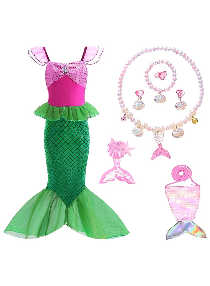 Girls Mermaid Costume Princess Dress Up with Accessories (Green) - Image 1
