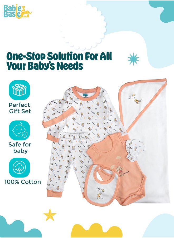 Babies Basic - 7 Piece Unisex 100% Cotton Gift Set Include Bib, Blanket, Mitten, Cap, Romper, Top And Bottom Set, Rose - Image 1