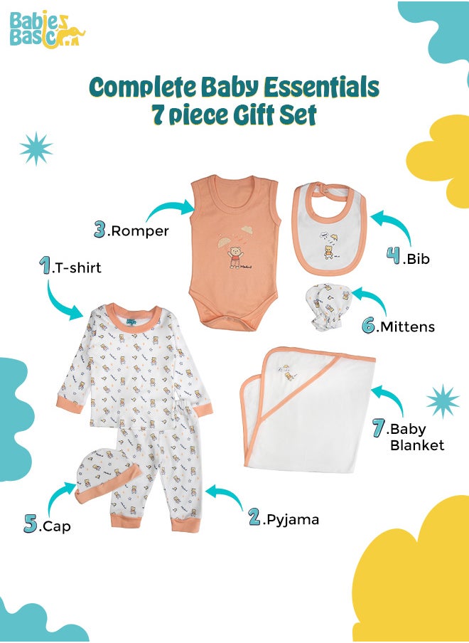 Babies Basic - 7 Piece Unisex 100% Cotton Gift Set Include Bib, Blanket, Mitten, Cap, Romper, Top And Bottom Set, Rose - Image 1