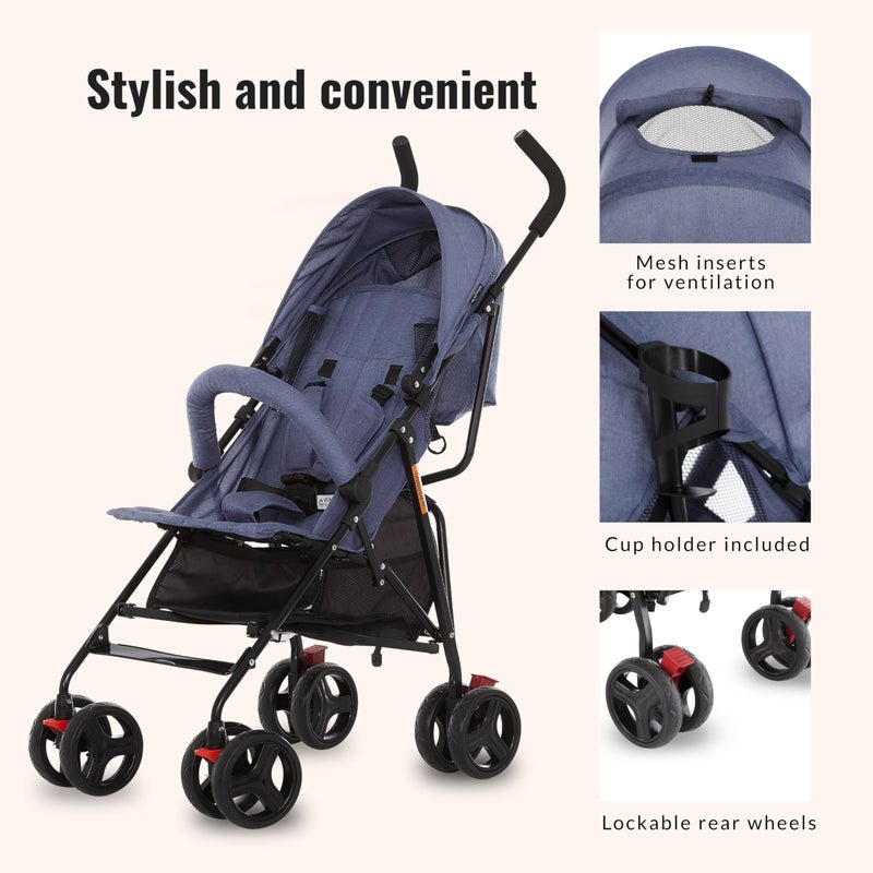 Dream On Me Vista Moonwalk Baby Stroller in Blue, Lightweight Infant Stroller with Compact Fold, Multi-Position Recline Umbrella Stroller with Canopy, Extra Large Storage and Cup Holder - Image 4