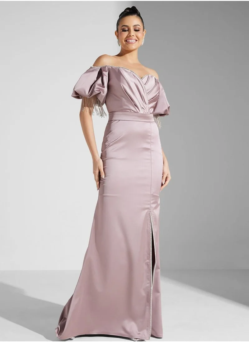 اكاديا فاشن Bardot Surplice Neck Front Slit Dress