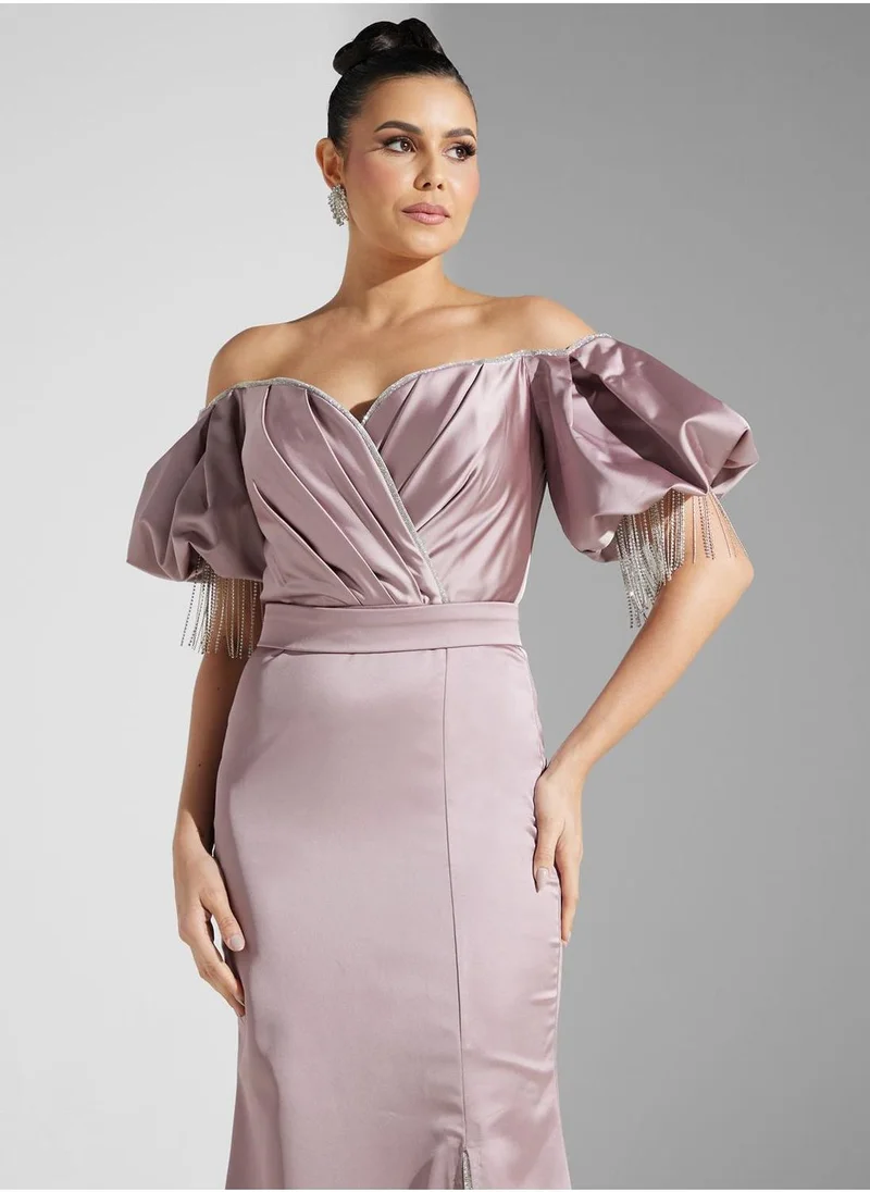 اكاديا فاشن Bardot Surplice Neck Front Slit Dress