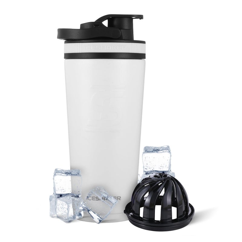 Ice Shaker Insulated Stainless Steel Shaker Bottle  26oz White  Cold for 30 Hours  Insulated Cup with Twiston Agitator  OdorFree Bottle for Protein Shakes Water Smoothies Cocktails