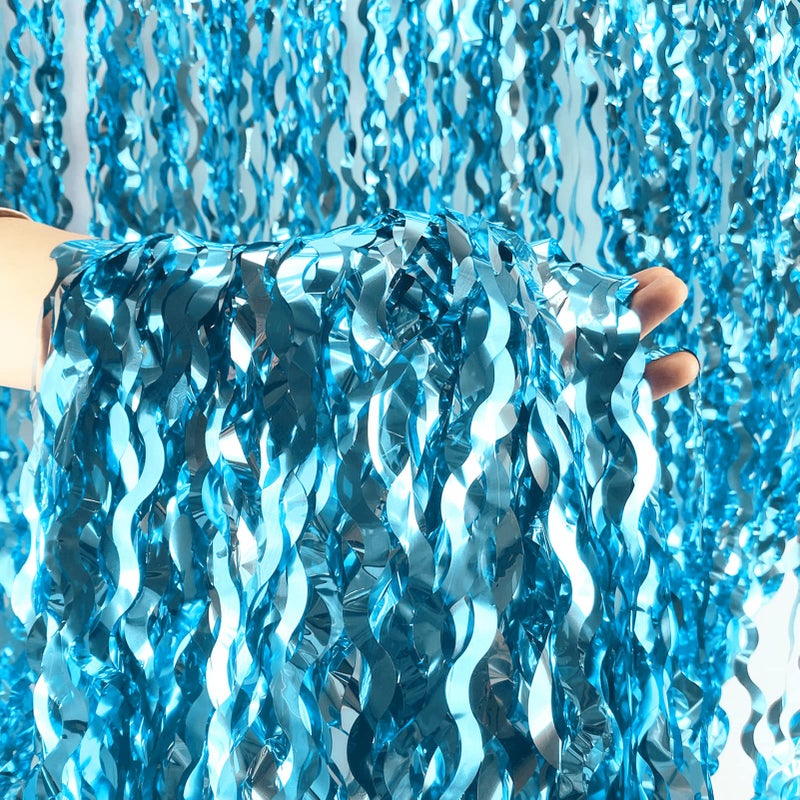Budicool Wavy Tinsel Foil Fringe Curtains Teal Blue Streamers Backdrop for Ocean Themed Party Blue Birthday Under The Sea Party Decorations(2 Pack,3.2 ft x 6.6 ft) - Image 1