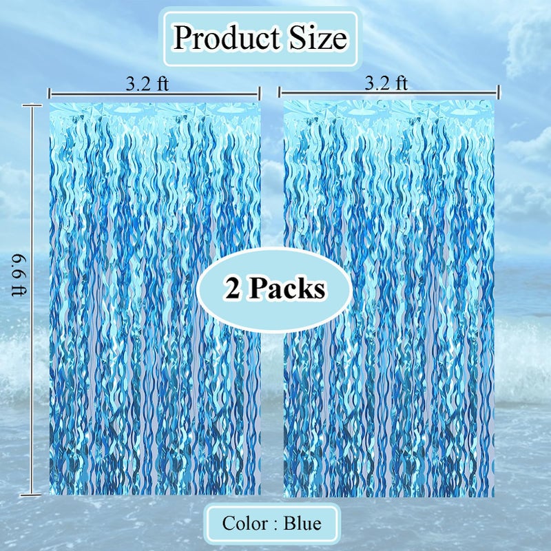 Budicool Wavy Tinsel Foil Fringe Curtains Teal Blue Streamers Backdrop for Ocean Themed Party Blue Birthday Under The Sea Party Decorations(2 Pack,3.2 ft x 6.6 ft) - Image 2
