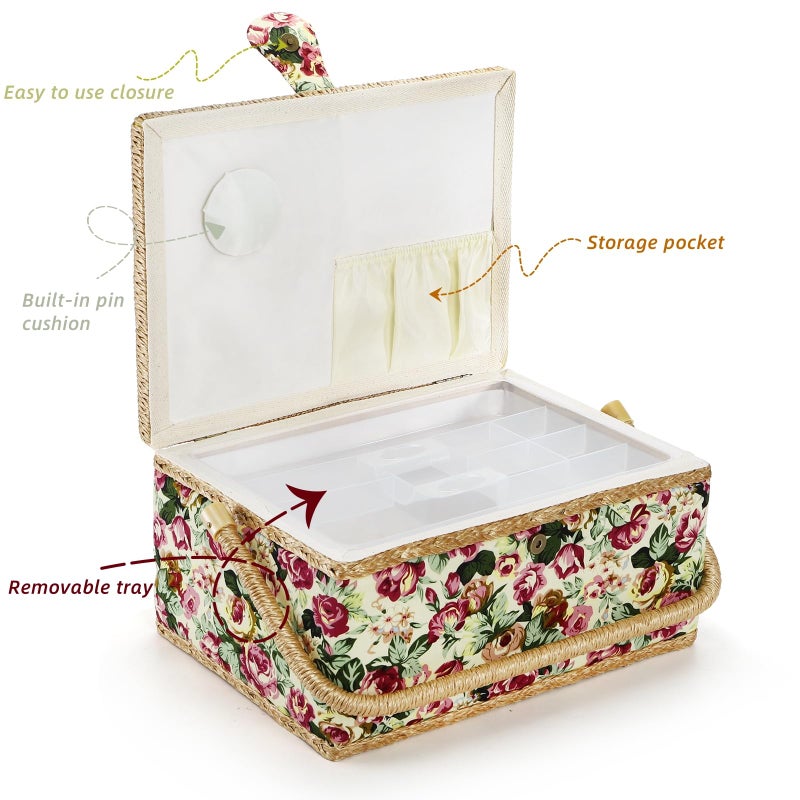ZOOFOX Large Sewing Basket, Vintage Wooden Sewing Box with Removable Tray, Rose Floral Print Design Sewing Kit Storage Box for Sewing Mending, Beginner, Professional, No Accessories - Image 4