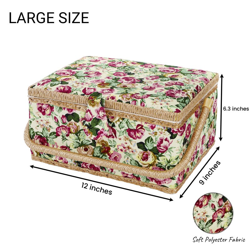 ZOOFOX Large Sewing Basket, Vintage Wooden Sewing Box with Removable Tray, Rose Floral Print Design Sewing Kit Storage Box for Sewing Mending, Beginner, Professional, No Accessories - Image 2