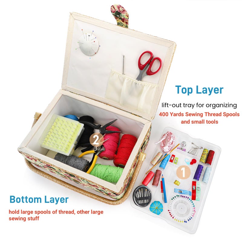 ZOOFOX Large Sewing Basket, Vintage Wooden Sewing Box with Removable Tray, Rose Floral Print Design Sewing Kit Storage Box for Sewing Mending, Beginner, Professional, No Accessories - Image 5