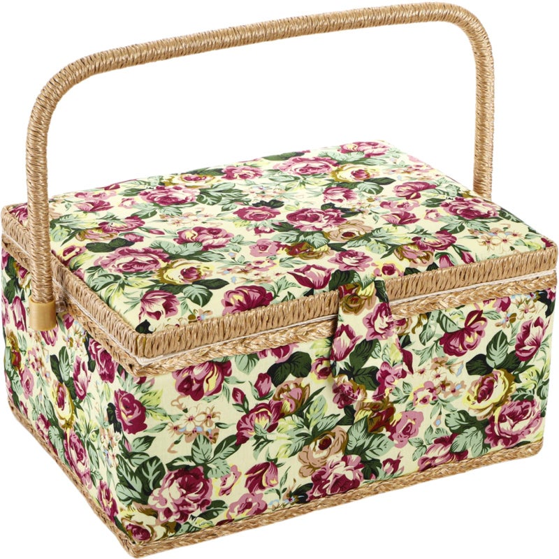 ZOOFOX Large Sewing Basket, Vintage Wooden Sewing Box with Removable Tray, Rose Floral Print Design Sewing Kit Storage Box for Sewing Mending, Beginner, Professional, No Accessories - Image 1