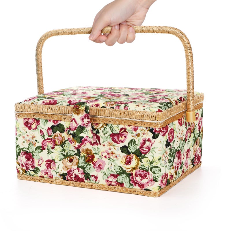 ZOOFOX Large Sewing Basket, Vintage Wooden Sewing Box with Removable Tray, Rose Floral Print Design Sewing Kit Storage Box for Sewing Mending, Beginner, Professional, No Accessories - Image 3