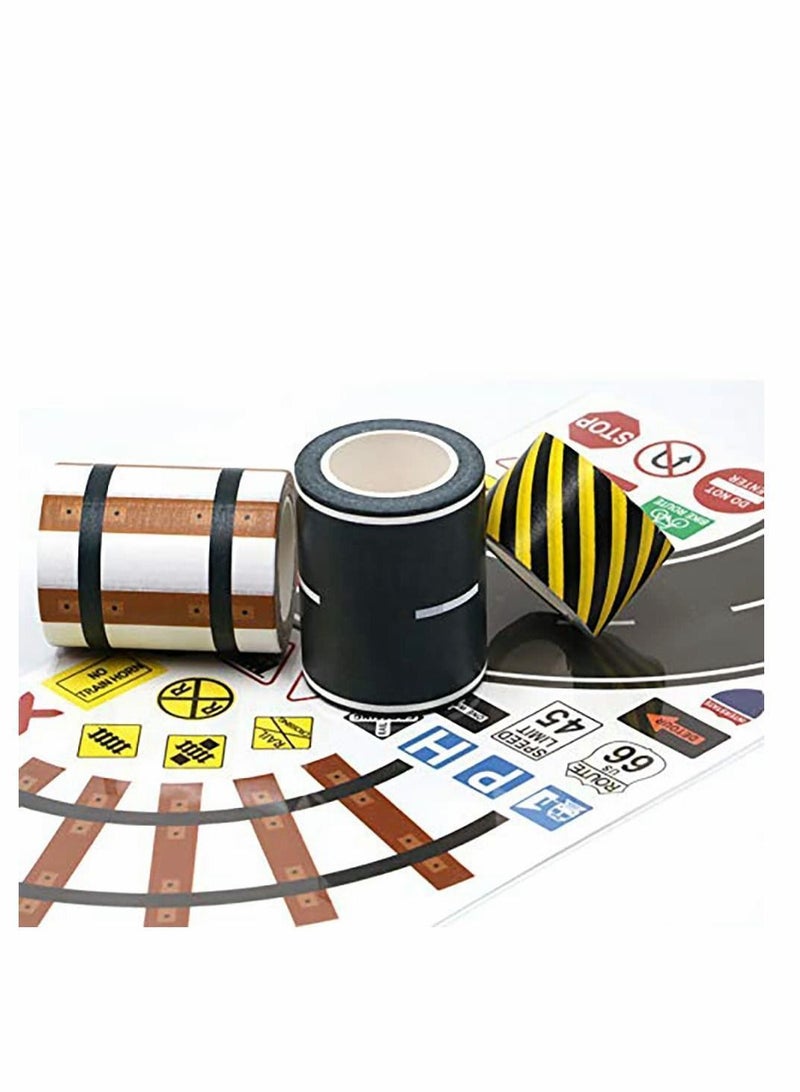 Y&D Road Tape for Toy Car & Trains,3 Rolls, Bonus 160 Traffic Sign Die Cut Stickers, 4 Tight Curves and Trains Curves, Develop Your Kids Imagination Memory, Play Learn - Image 1