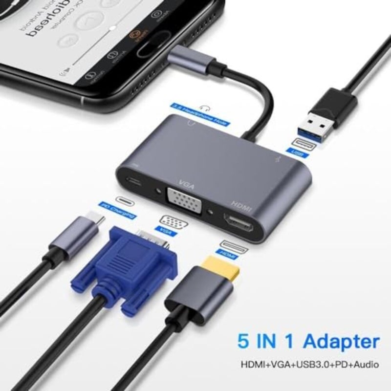 Nalacal USB-C Multiport Adapter - 5 in 1 Charging Dock with HDMI, USB 3.0, TF, SD, PD, VGA, HDTV, AUX for MacBook Air/Pro, Steam Deck, Switch - Image 2
