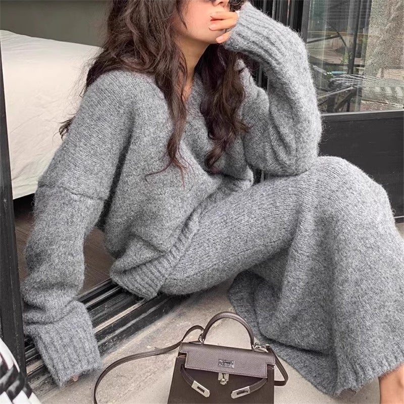 plus size chubby girl 150.00kg Lazy Knitwear Top Sweater Skirt Autumn and Winter Loose Two-piece Set for Women Grey - Image 1