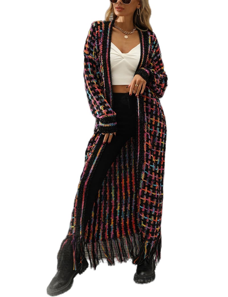 Perbai Womens Boho Cardigan Sweater Open Front Fringed Tassels Aztec Maxi Cardigan Jacket(Purple-L) - Image 1