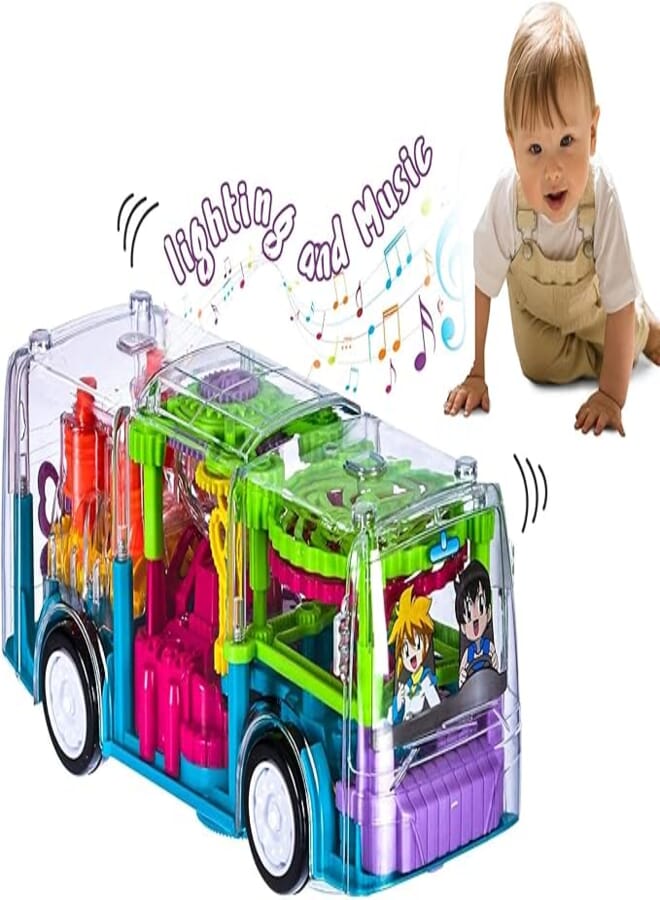 Sky Tech Plastic Biggest Transparent Bus Concept Musical Bus, 3D Bus Toy with 360 Degree Rotation, Bump & Go Gear Transparent Bus Toy with Light & Sound Effects Educational Toys, Multicolor.