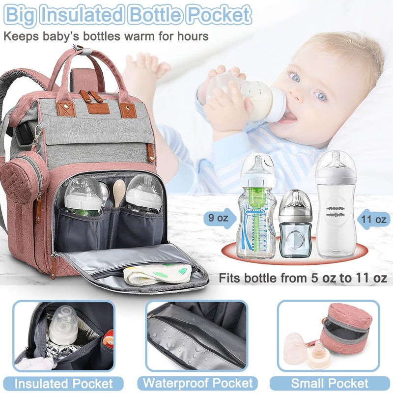 SHITIESHOU Diaper Bag Backpack Baby Bag for Mom Dad with Changing Pad, 19 Pockets, Large Waterproof Travel Baby Girl Boy Toddle Diaper Bag with Insulated Pocket, Baby Shower Gifts, Pink Grey - Image 2