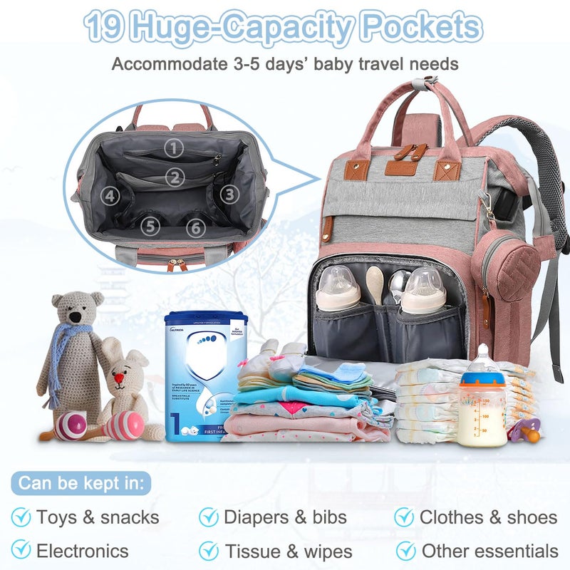 SHITIESHOU Diaper Bag Backpack Baby Bag for Mom Dad with Changing Pad, 19 Pockets, Large Waterproof Travel Baby Girl Boy Toddle Diaper Bag with Insulated Pocket, Baby Shower Gifts, Pink Grey - Image 4