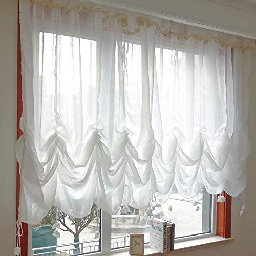 FADFAY Sheer Curtain 78W x 59L White Lace Balloon Curtain 1 Panel Farmhouse Rustic Style TieUp Pinch Pleat SemiSheer Polyester Unlined Decorative Indoor Bedroom Living Room Office