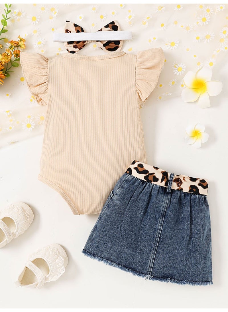 DOOKOO Baby Girl Clothes Set – Newborn Romper with Ruffle Sleeves & Short Denim Skirt, Includes Matching Headband – Cute Infant Summer Outfit - Image 4