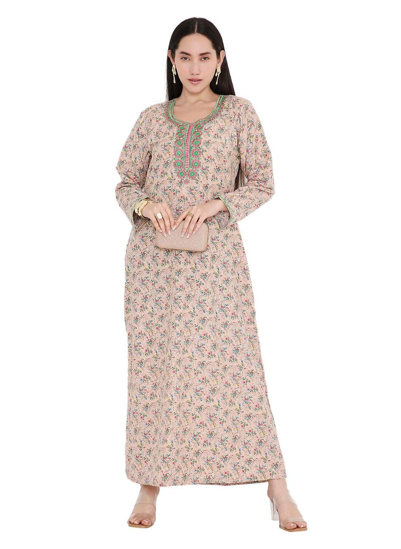 HANA & SARA ELEGANT FARASHA WITH UNIQUE THREAD EMBROIDERY AND STYLISH PRINTED MODEST ARABIC KAFTAN JALABIYA DRESS  - Image 1