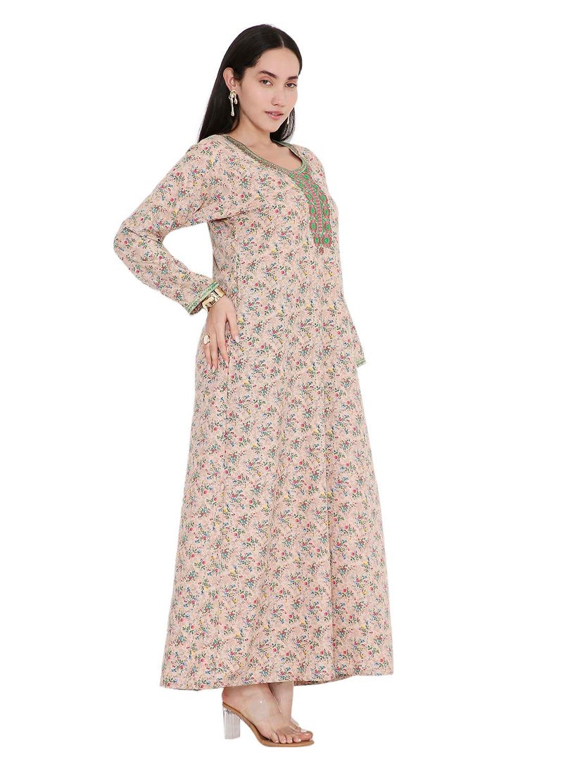 HANA & SARA ELEGANT FARASHA WITH UNIQUE THREAD EMBROIDERY AND STYLISH PRINTED MODEST ARABIC KAFTAN JALABIYA DRESS  - Image 5