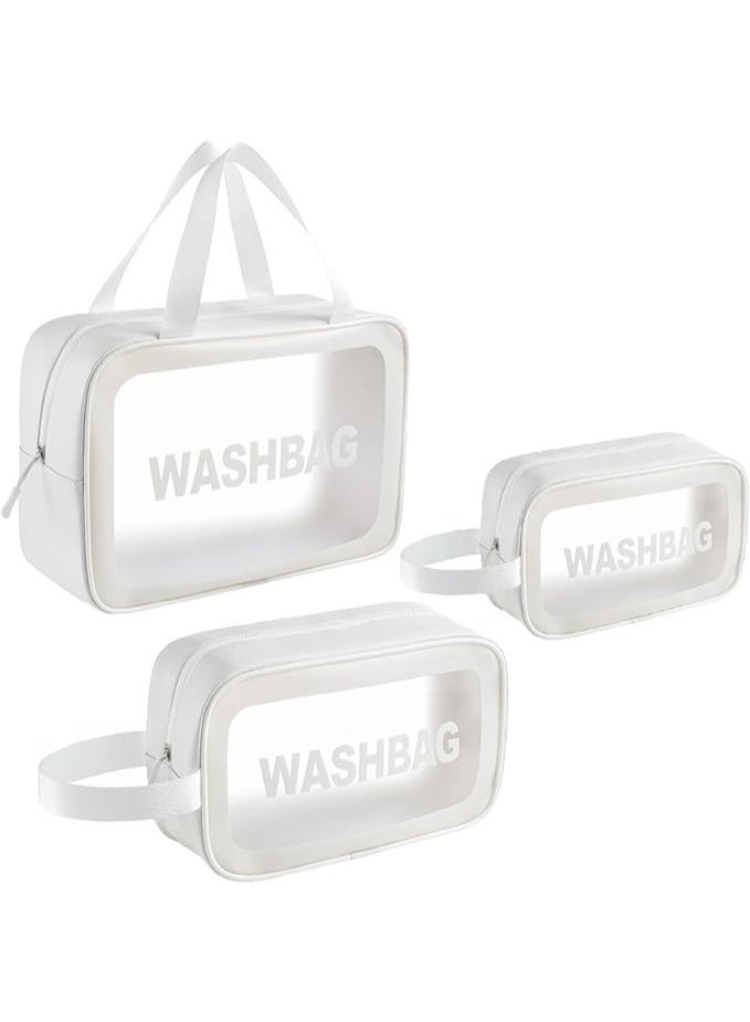 حقيبة مستحضرات تجميل شفافة مقاومة للماء، مجموعة من 3 قطع من حقائب الغسيل الشفافة للسفر، باللون الأبيض - Image 2