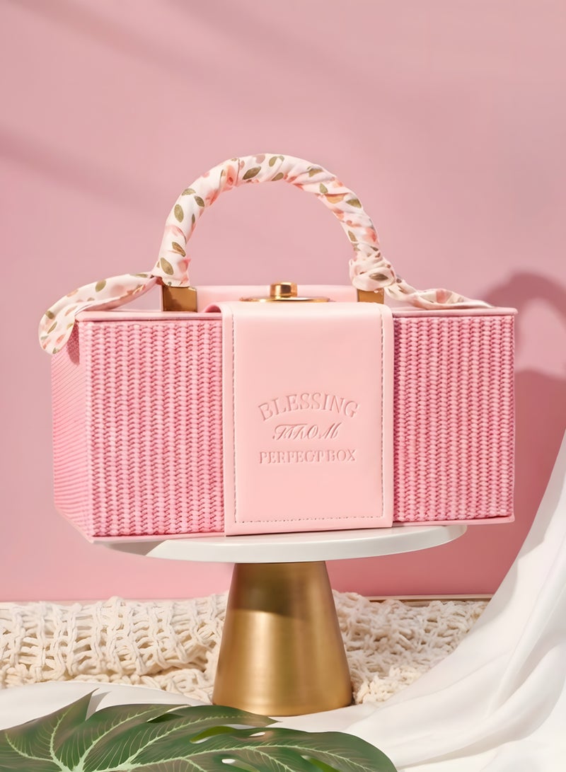 Chillspace Luxury Gift Box with Ribbon, Pink Large PU Leather Gift Box with Semi-Round Handle, Gift Boxes for Presents With Lid, Suitable for Festival, Wedding,  Birthday, Anniversary, etc 30x20x13.5 Pink - Image 1