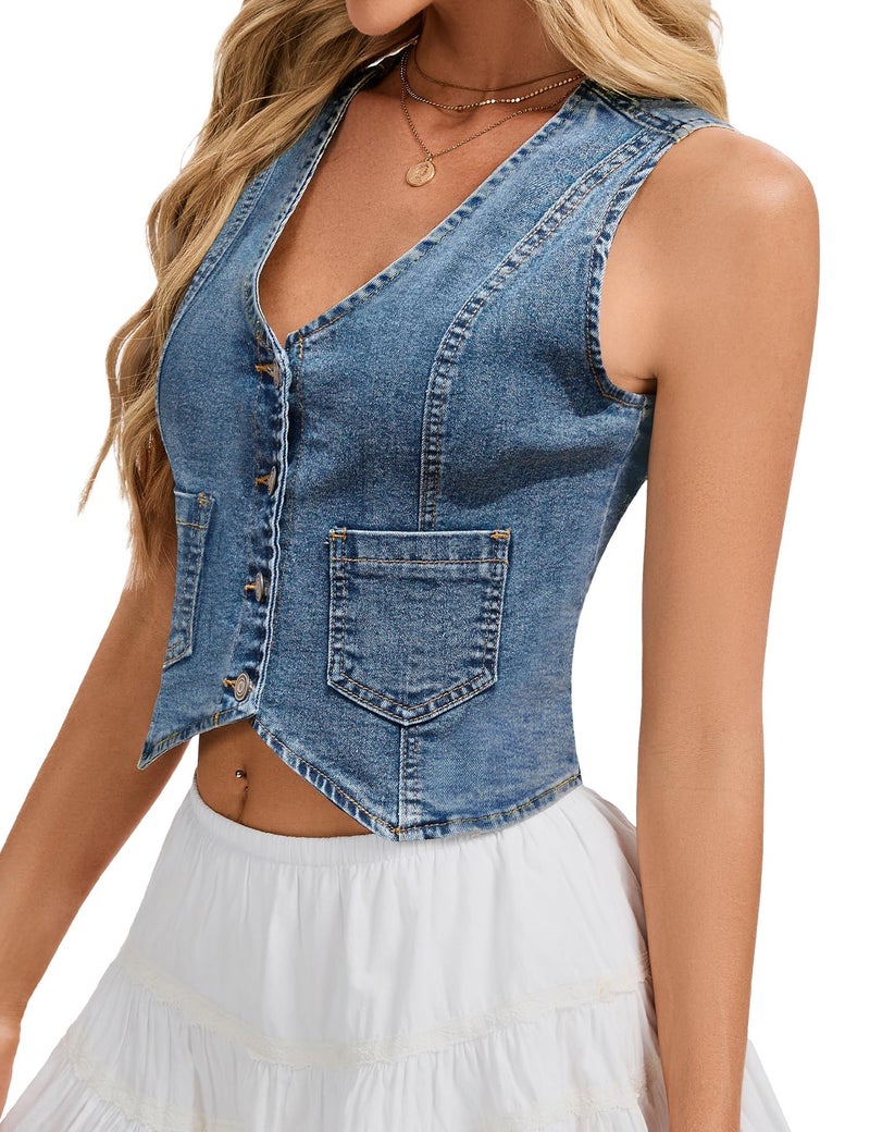 Genhoo Denim Vest Sleeveless Jean Vest Top for Women V Neck Button Down Cropped Denim Top with Pockets - Image 4