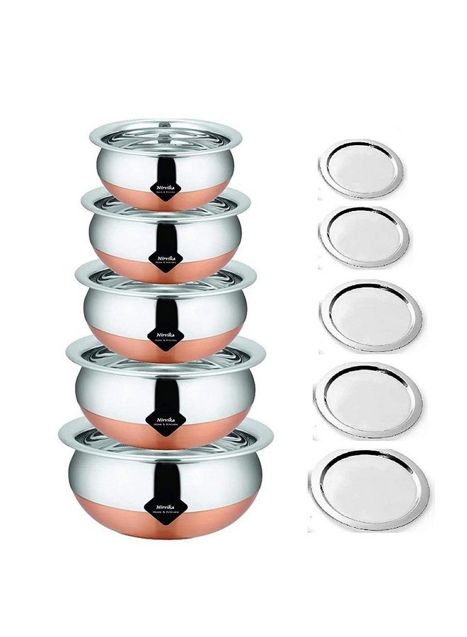 Nirvika Steel Handi Set Copper Bottom Handi Set with lid/Cookware Serving Dinner Bowl patila tapeli of 5 Pieces Size: 1.600 L, 1.200 L, 0.850 L, 0.650 L, 0.400 L - Image 1