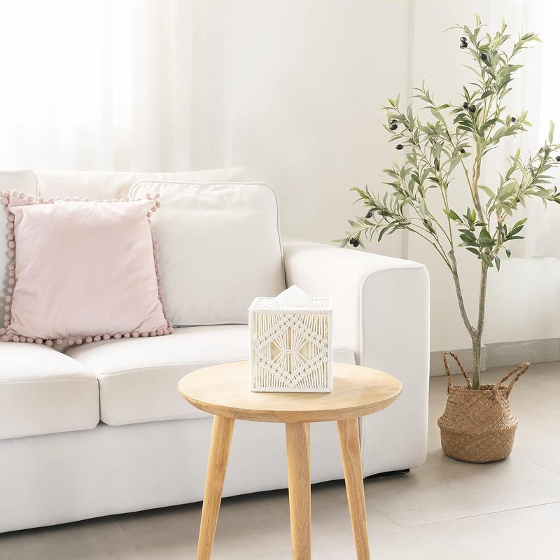 Mkono Tissue Box Cover Macrame Square Open-Bottom Tissue Box Holder Boho Decor Tissue Organizer Bohemian Handmade Woven Tissue Cube Box for Bathroom Bedroom Dresser Living Room Office Dorm, Ivory - Image 3