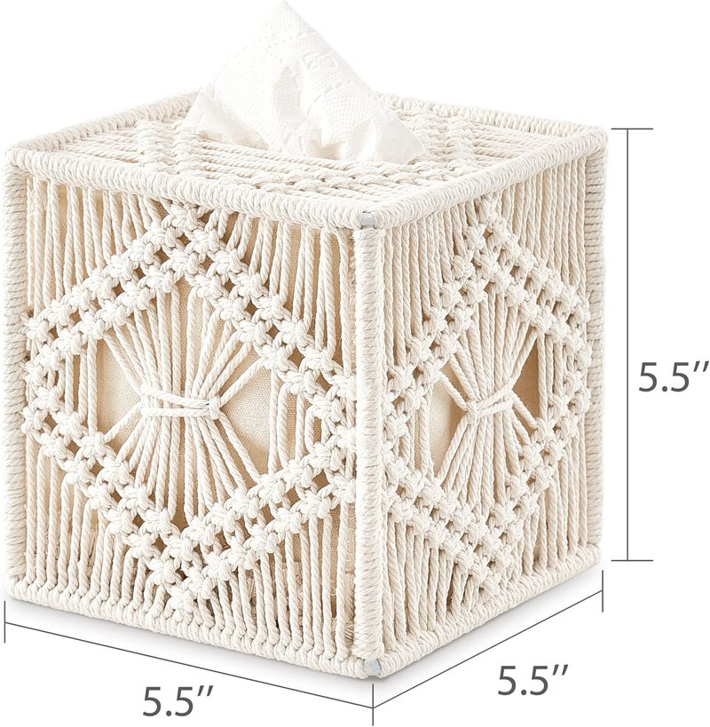 Mkono Tissue Box Cover Macrame Square Open-Bottom Tissue Box Holder Boho Decor Tissue Organizer Bohemian Handmade Woven Tissue Cube Box for Bathroom Bedroom Dresser Living Room Office Dorm, Ivory - Image 5