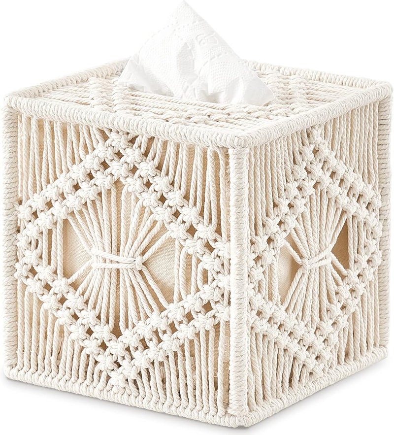 Mkono Tissue Box Cover Macrame Square Open-Bottom Tissue Box Holder Boho Decor Tissue Organizer Bohemian Handmade Woven Tissue Cube Box for Bathroom Bedroom Dresser Living Room Office Dorm, Ivory - Image 1