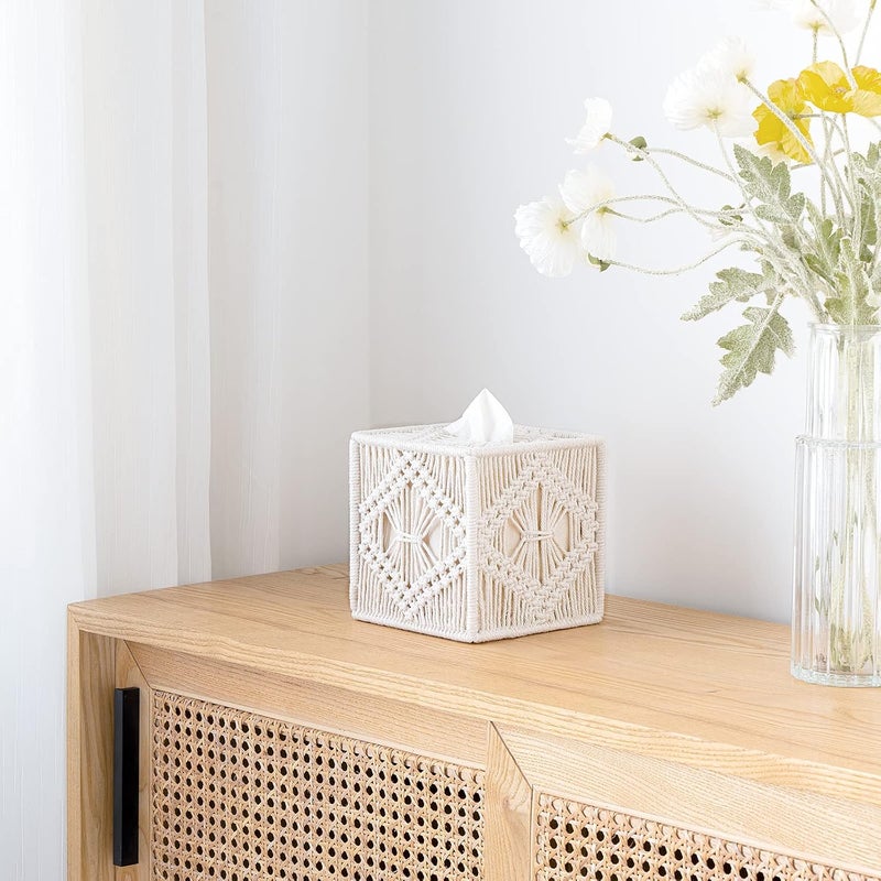 Mkono Tissue Box Cover Macrame Square Open-Bottom Tissue Box Holder Boho Decor Tissue Organizer Bohemian Handmade Woven Tissue Cube Box for Bathroom Bedroom Dresser Living Room Office Dorm, Ivory - Image 2