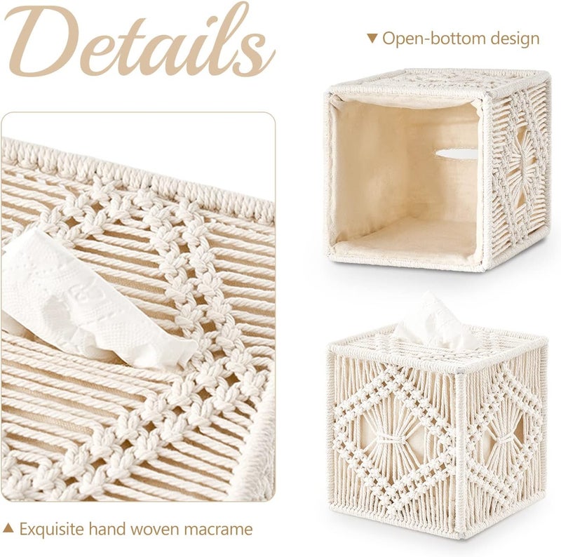 Mkono Tissue Box Cover Macrame Square Open-Bottom Tissue Box Holder Boho Decor Tissue Organizer Bohemian Handmade Woven Tissue Cube Box for Bathroom Bedroom Dresser Living Room Office Dorm, Ivory - Image 4