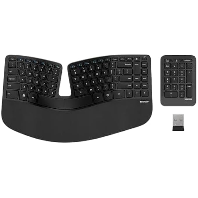 rayihni لوحة مفاتيح إرجونومية سكولبت - مصممة بواسطة مايكروسوفت - تصميم مجموعة مفاتيح مقسمة، مسند كف، تخطيط مقوس، زر ويندوز بلمسة واحدة، تشفير AES 128 بت، تشمل لوحة أرقام منفصلة - سوداء - Image 1