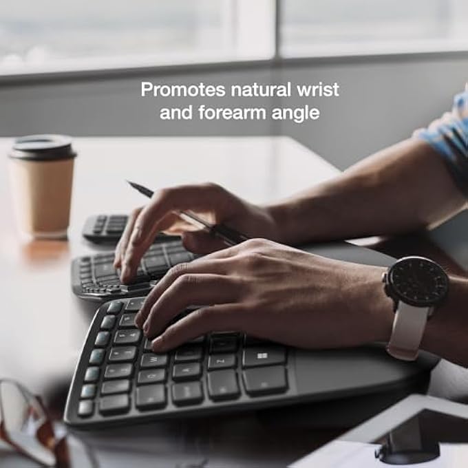 rayihni لوحة مفاتيح إرجونومية سكولبت - مصممة بواسطة مايكروسوفت - تصميم مجموعة مفاتيح مقسمة، مسند كف، تخطيط مقوس، زر ويندوز بلمسة واحدة، تشفير AES 128 بت، تشمل لوحة أرقام منفصلة - سوداء - Image 2