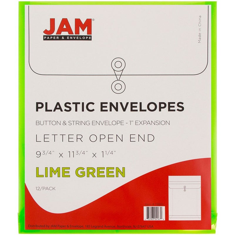 JAM PAPER Plastic Envelopes with Button & String Tie Closure - Letter Open End - 9 3/4 x 11 3/4 - Lime Green - 12/Pack - Image 5