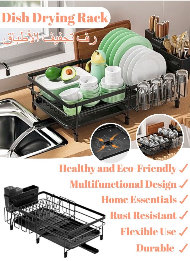 Generic Dish Drying Rack with Removable Tray Space Saving Large Capacity Stainless Steel Kitchen Drying Rack with Cutlery Holder Kitchen Organizer for Dishes, Spoons and Forks (Black)  - Image 1