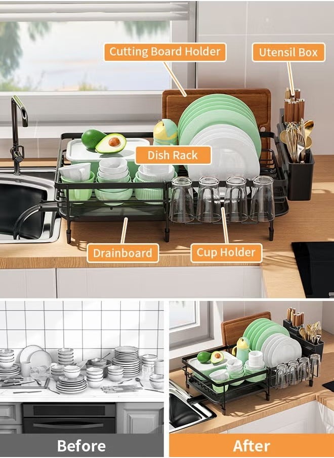 Generic Dish Drying Rack with Removable Tray Space Saving Large Capacity Stainless Steel Kitchen Drying Rack with Cutlery Holder Kitchen Organizer for Dishes, Spoons and Forks (Black)  - Image 5