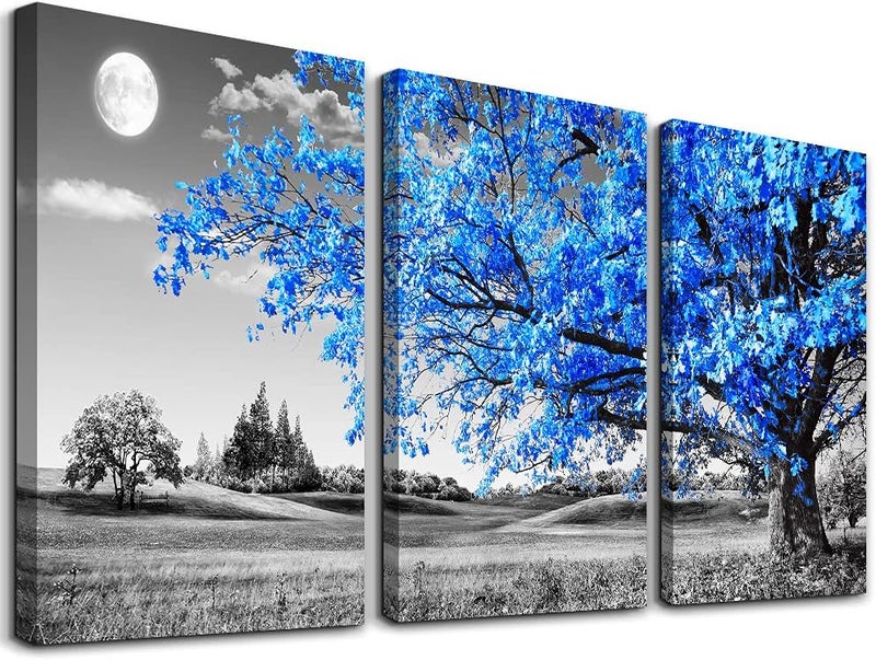 Al Raied ARS® Black and White Blue Tree Moon Canvas Wall Art - 3 Piece Set - Image 1