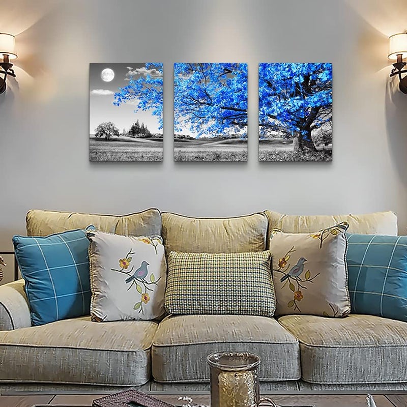 Al Raied ARS® Black and White Blue Tree Moon Canvas Wall Art - 3 Piece Set - Image 2