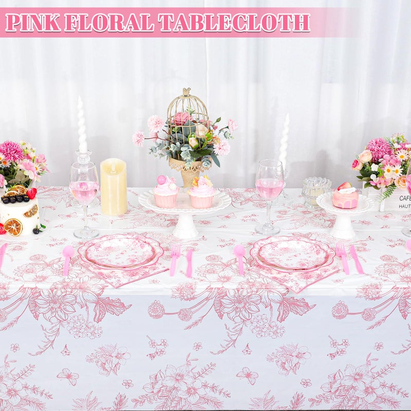 NatNarr 6 Pack Pink Floral Plastic Tablecloths, 54 X 108Inch Tea Party Tablecloth Disposable Vintage Table Cloth Pink and White Porcelain Tables Decor for Easter Mother's Day Birthday Garden Wedding Tea Party - Image 3