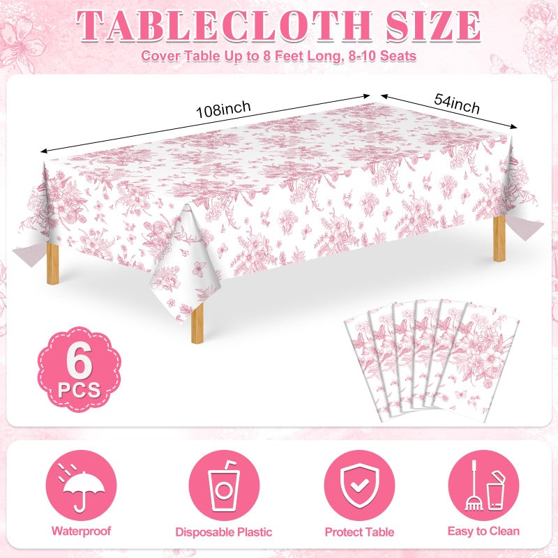 NatNarr 6 Pack Pink Floral Plastic Tablecloths, 54 X 108Inch Tea Party Tablecloth Disposable Vintage Table Cloth Pink and White Porcelain Tables Decor for Easter Mother's Day Birthday Garden Wedding Tea Party - Image 2