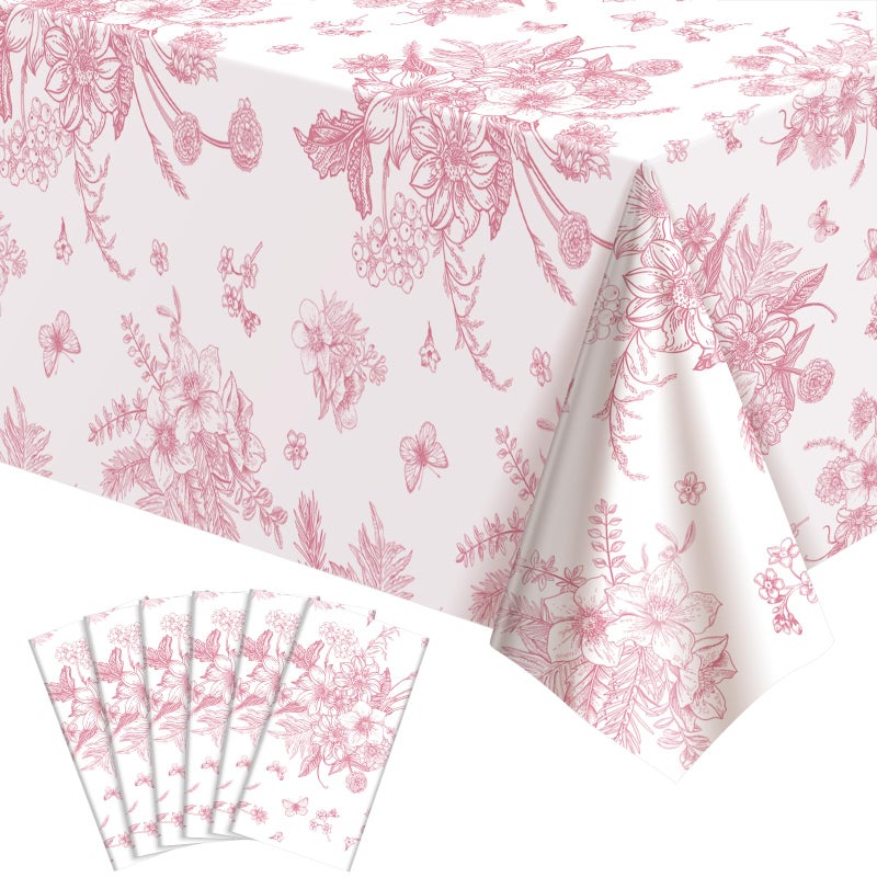 NatNarr 6 Pack Pink Floral Plastic Tablecloths, 54 X 108Inch Tea Party Tablecloth Disposable Vintage Table Cloth Pink and White Porcelain Tables Decor for Easter Mother's Day Birthday Garden Wedding Tea Party - Image 1