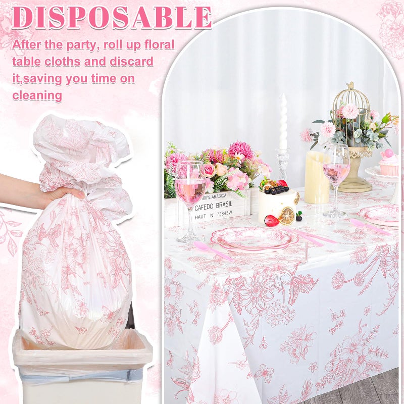 NatNarr 6 Pack Pink Floral Plastic Tablecloths, 54 X 108Inch Tea Party Tablecloth Disposable Vintage Table Cloth Pink and White Porcelain Tables Decor for Easter Mother's Day Birthday Garden Wedding Tea Party - Image 4
