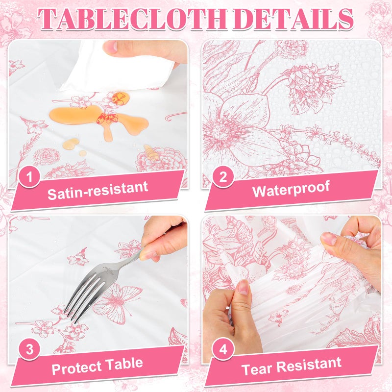 NatNarr 6 Pack Pink Floral Plastic Tablecloths, 54 X 108Inch Tea Party Tablecloth Disposable Vintage Table Cloth Pink and White Porcelain Tables Decor for Easter Mother's Day Birthday Garden Wedding Tea Party - Image 5